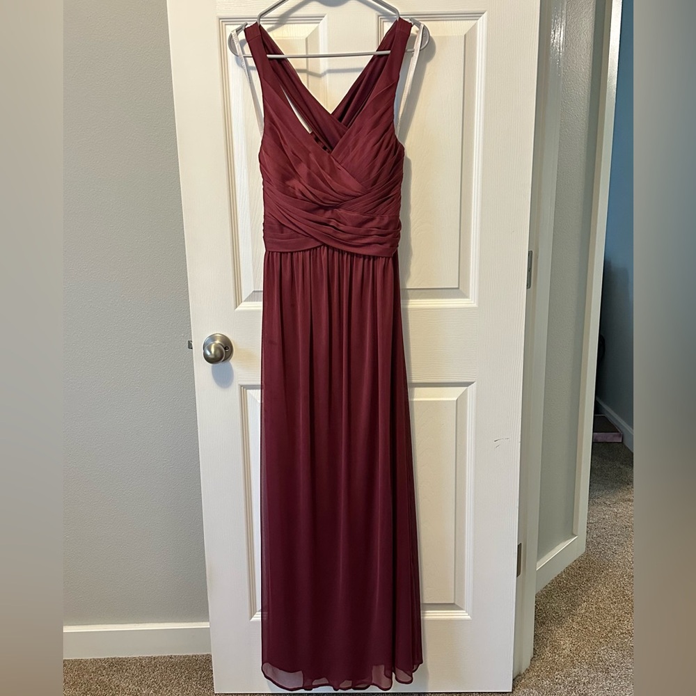 David's Bridal Wine Ruched Wrap Maxi Gown
